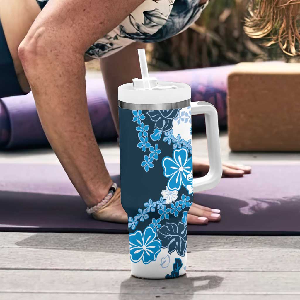Blue Hibiscus Plumeria Floral Tumbler With Handle - Polynesian Pride