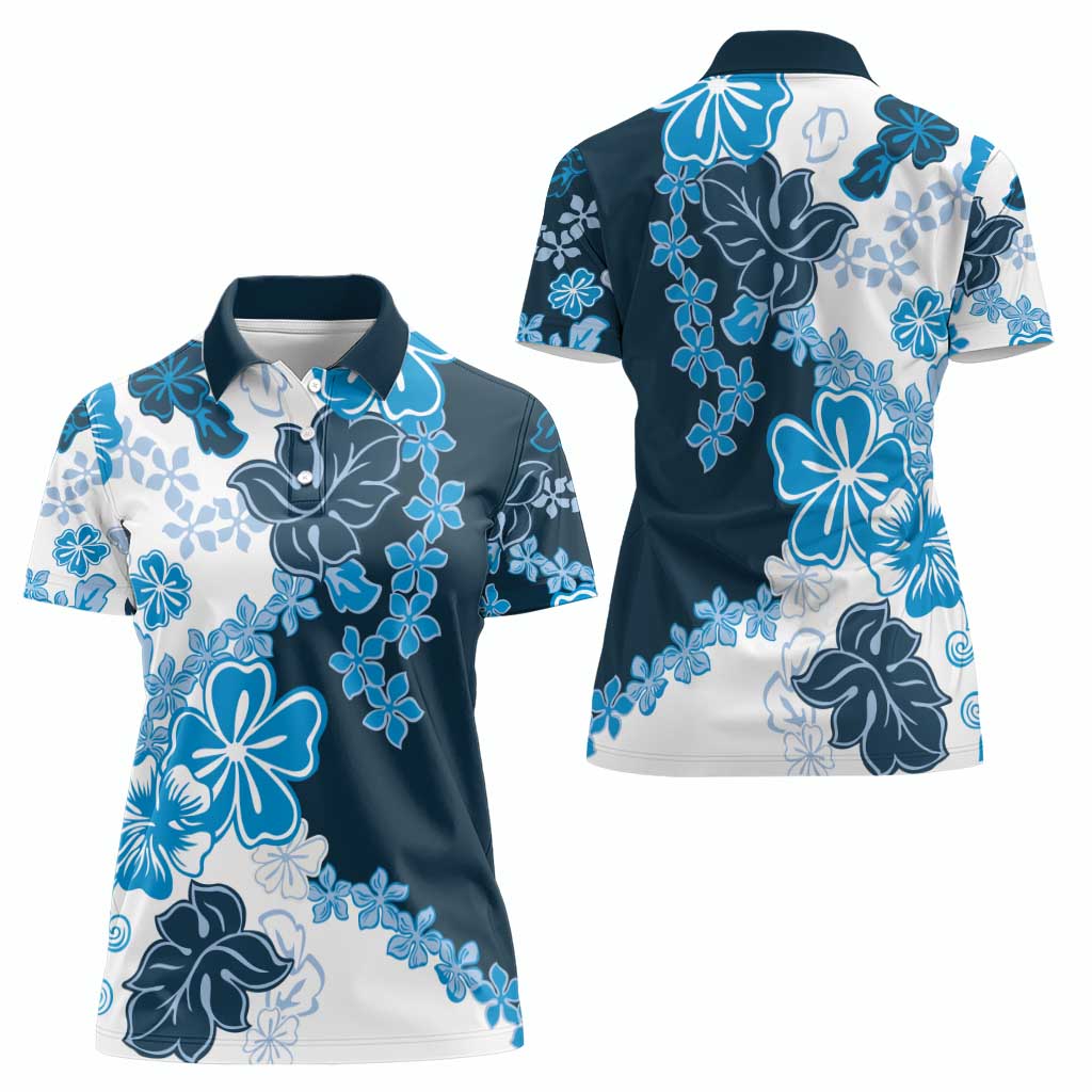 Blue Hibiscus Plumeria Floral Women Polo Shirt - Polynesian Pride