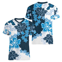 Blue Hibiscus Plumeria Floral Women V-Neck T-Shirt - Polynesian Pride