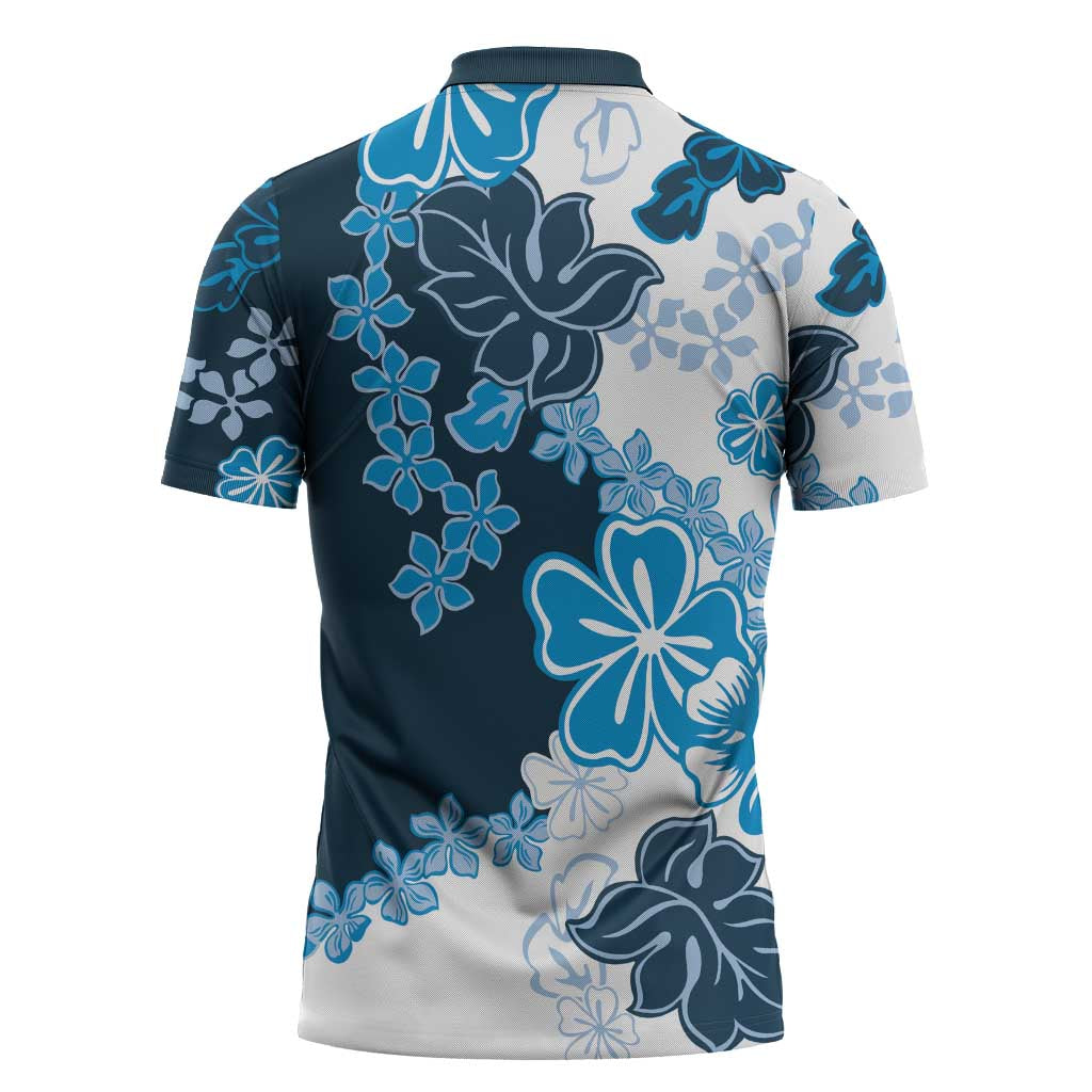 Blue Hibiscus Plumeria Floral Zipper Polo Shirt - Polynesian Pride