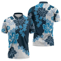 Blue Hibiscus Plumeria Floral Zipper Polo Shirt - Polynesian Pride