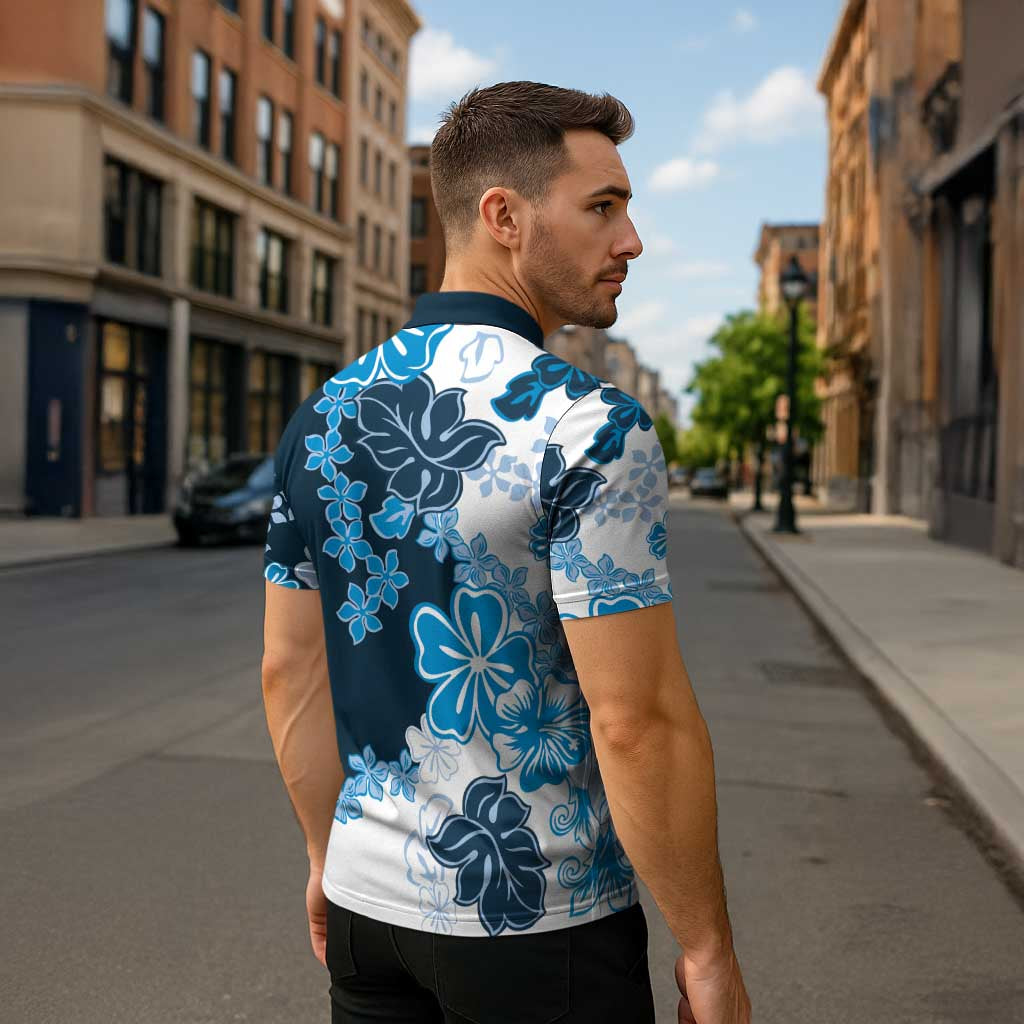 Blue Hibiscus Plumeria Floral Zipper Polo Shirt - Polynesian Pride
