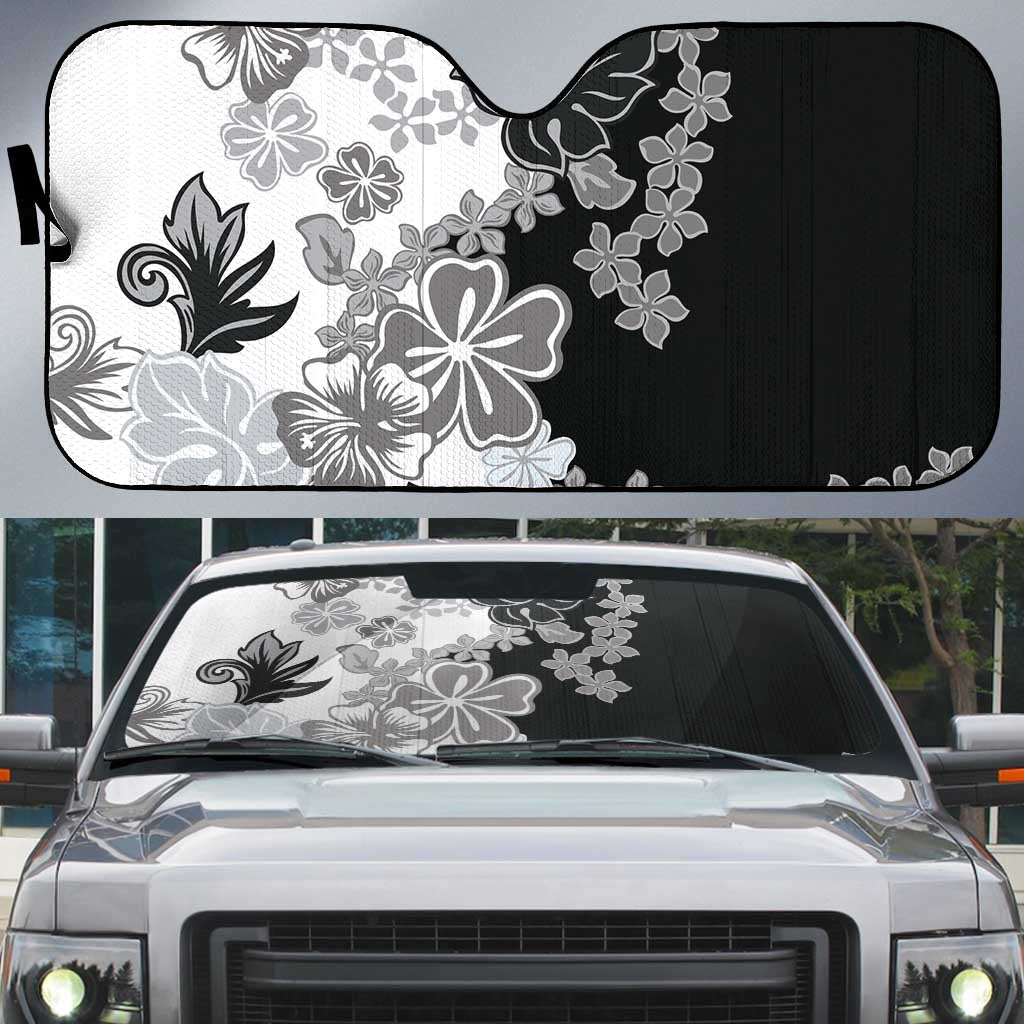 Gray Scale Hibiscus Plumeria Floral Auto Sun Shade - Polynesian Pride