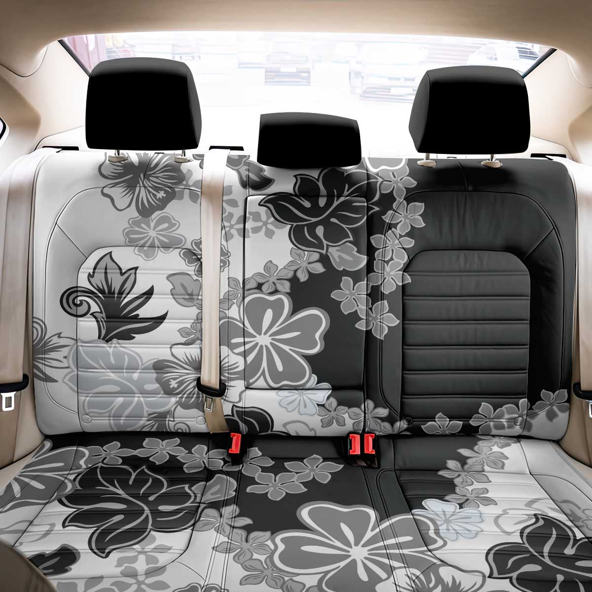 Gray Scale Hibiscus Plumeria Floral Back Car Seat Cover - Polynesian Pride