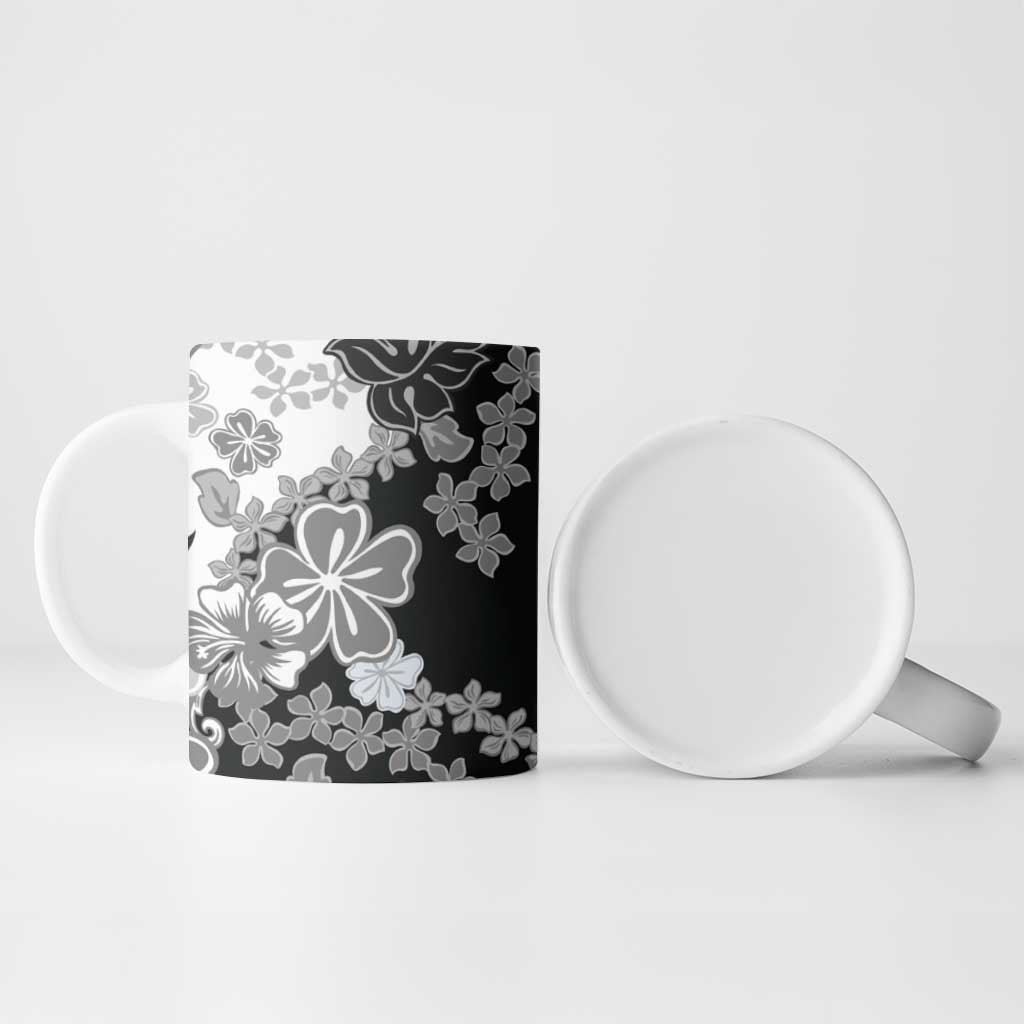 Gray Scale Hibiscus Plumeria Floral Ceramic Mug - Polynesian Pride