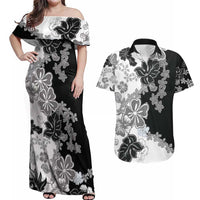 Gray Scale Hibiscus Plumeria Floral Couples Matching Off Shoulder Maxi Dress and Hawaiian Shirt - Polynesian Pride