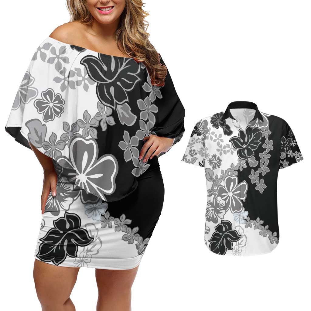 Gray Scale Hibiscus Plumeria Floral Couples Matching Off Shoulder Short Dress and Hawaiian Shirt - Polynesian Pride