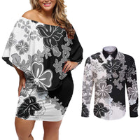 Gray Scale Hibiscus Plumeria Floral Couples Matching Off Shoulder Short Dress and Long Sleeve Button Shirt - Polynesian Pride