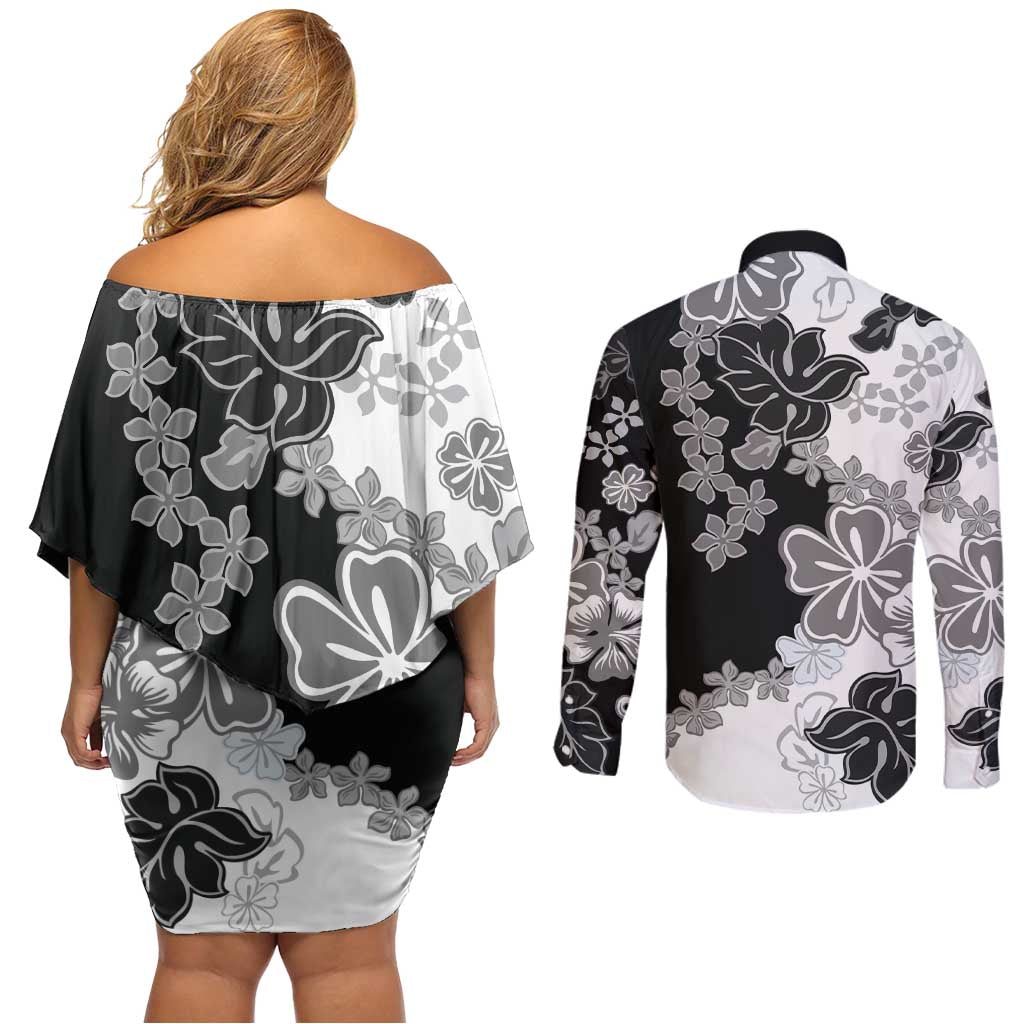 Gray Scale Hibiscus Plumeria Floral Couples Matching Off Shoulder Short Dress and Long Sleeve Button Shirt - Polynesian Pride