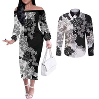 Gray Scale Hibiscus Plumeria Floral Couples Matching Off The Shoulder Long Sleeve Dress and Long Sleeve Button Shirt LT01 Black - Polynesian Pride