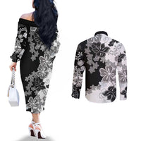 Gray Scale Hibiscus Plumeria Floral Couples Matching Off The Shoulder Long Sleeve Dress and Long Sleeve Button Shirt LT01 - Polynesian Pride