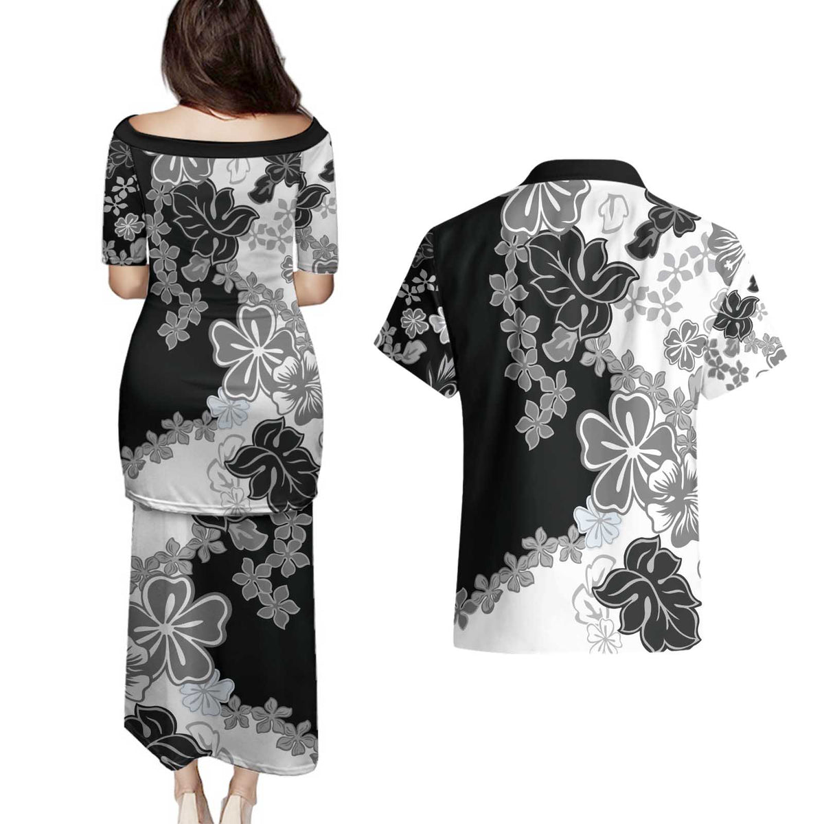 Gray Scale Hibiscus Plumeria Floral Couples Matching Puletasi and Hawaiian Shirt - Polynesian Pride