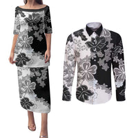 Gray Scale Hibiscus Plumeria Floral Couples Matching Puletasi and Long Sleeve Button Shirt - Polynesian Pride
