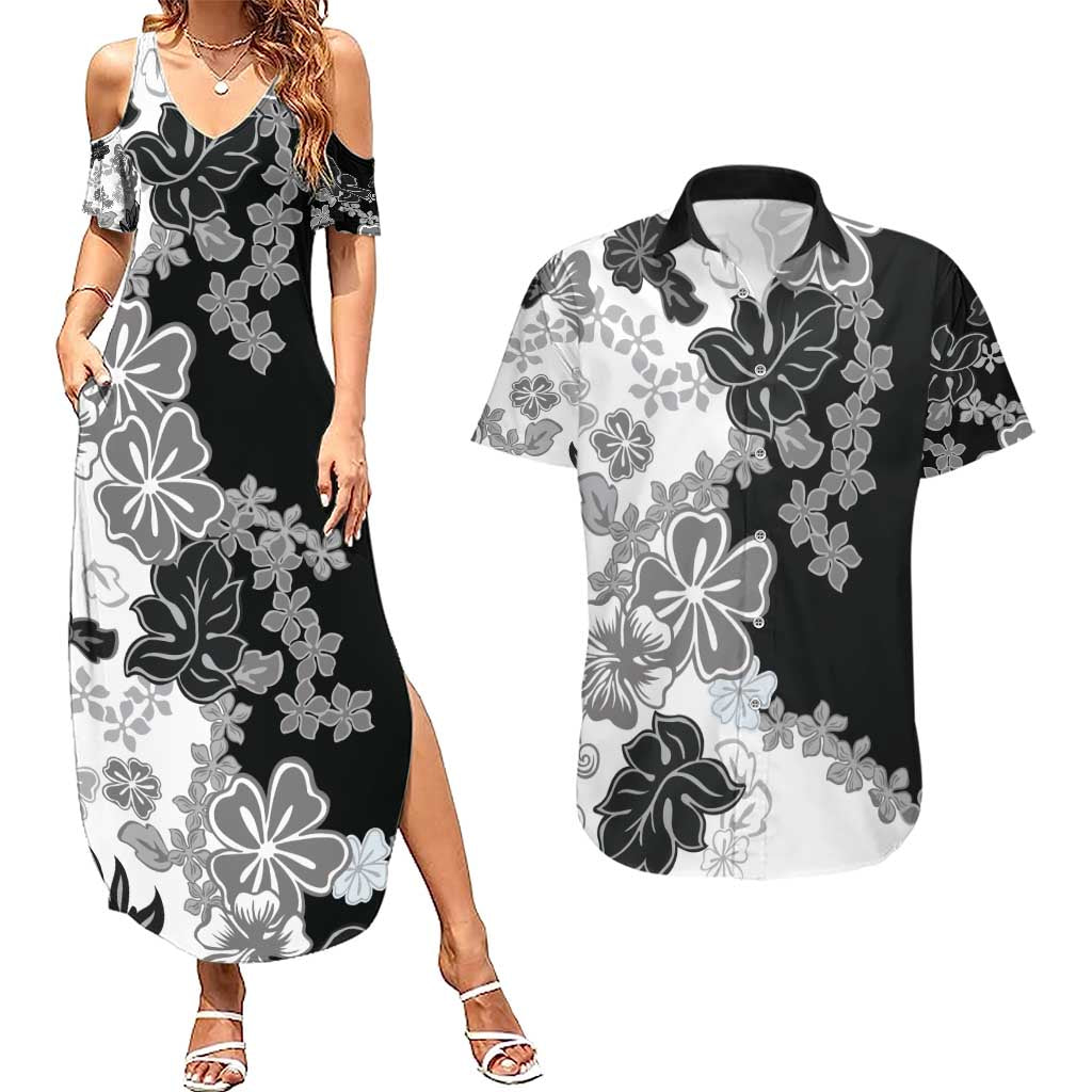 Gray Scale Hibiscus Plumeria Floral Couples Matching Summer Maxi Dress and Hawaiian Shirt - Polynesian Pride