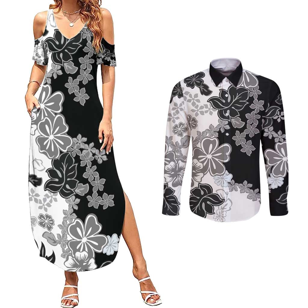 Gray Scale Hibiscus Plumeria Floral Couples Matching Summer Maxi Dress and Long Sleeve Button Shirt - Polynesian Pride