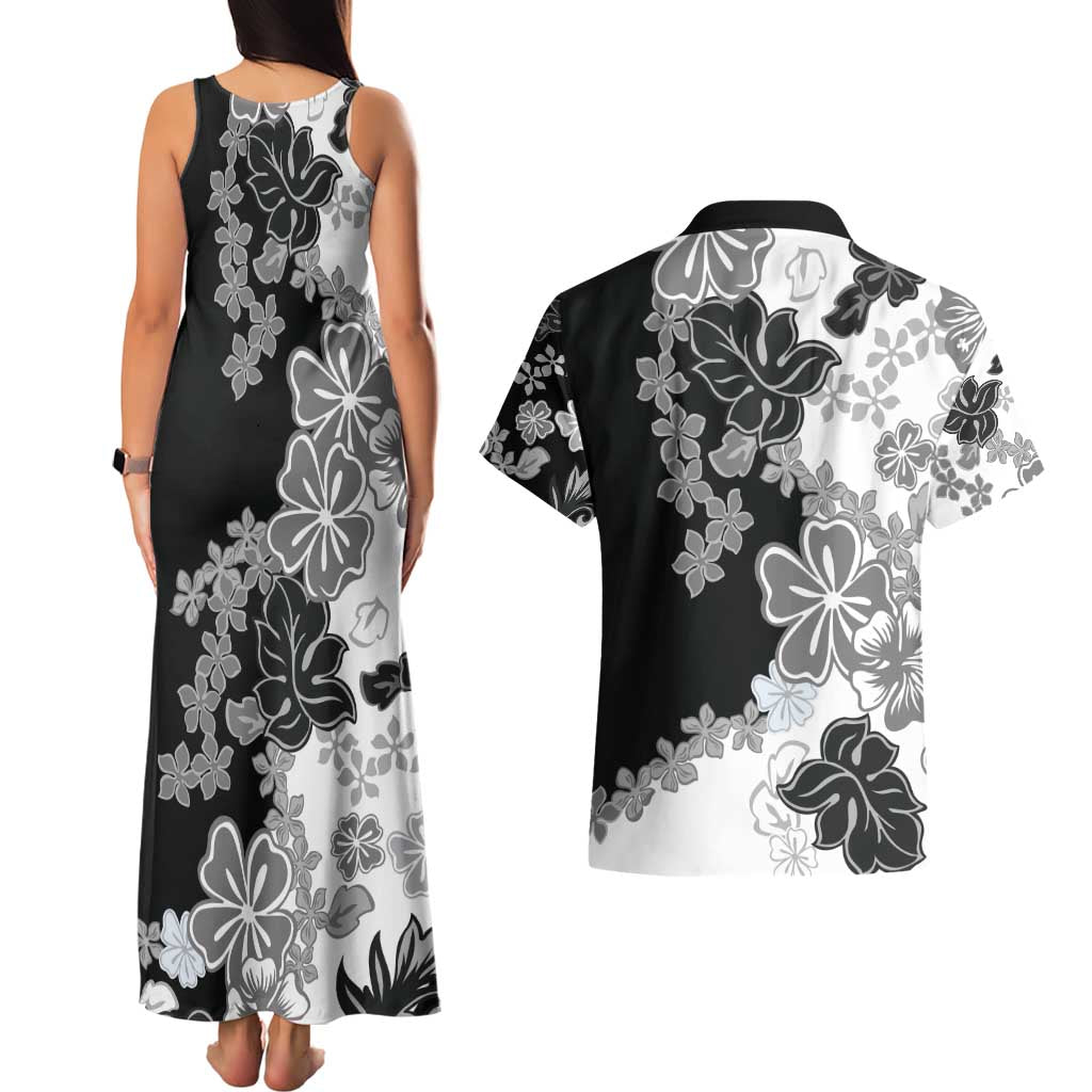 Gray Scale Hibiscus Plumeria Floral Couples Matching Tank Maxi Dress and Hawaiian Shirt - Polynesian Pride