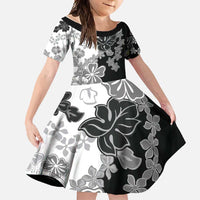 Gray Scale Hibiscus Plumeria Floral Family Matching Long Sleeve Bodycon Dress and Hawaiian Shirt - Polynesian Pride