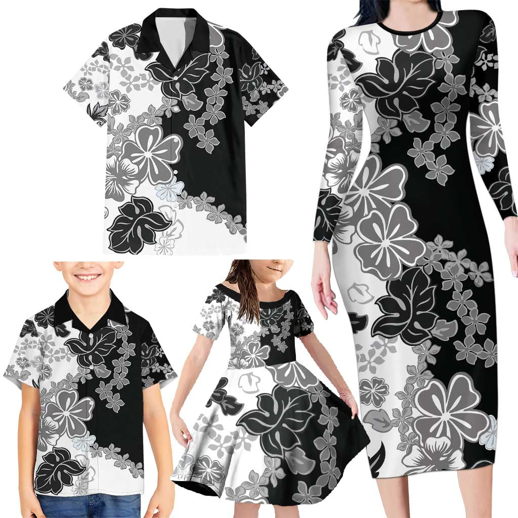 Gray Scale Hibiscus Plumeria Floral Family Matching Long Sleeve Bodycon Dress and Hawaiian Shirt - Polynesian Pride