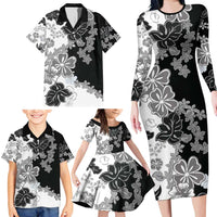 Gray Scale Hibiscus Plumeria Floral Family Matching Long Sleeve Bodycon Dress and Hawaiian Shirt - Polynesian Pride