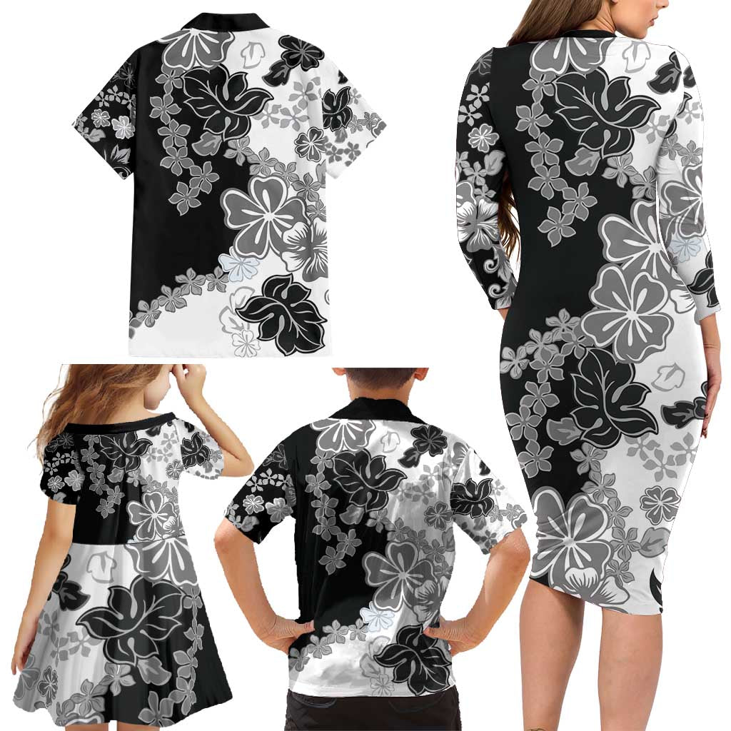 Gray Scale Hibiscus Plumeria Floral Family Matching Long Sleeve Bodycon Dress and Hawaiian Shirt - Polynesian Pride