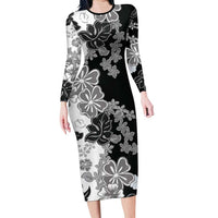 Gray Scale Hibiscus Plumeria Floral Family Matching Long Sleeve Bodycon Dress and Hawaiian Shirt - Polynesian Pride