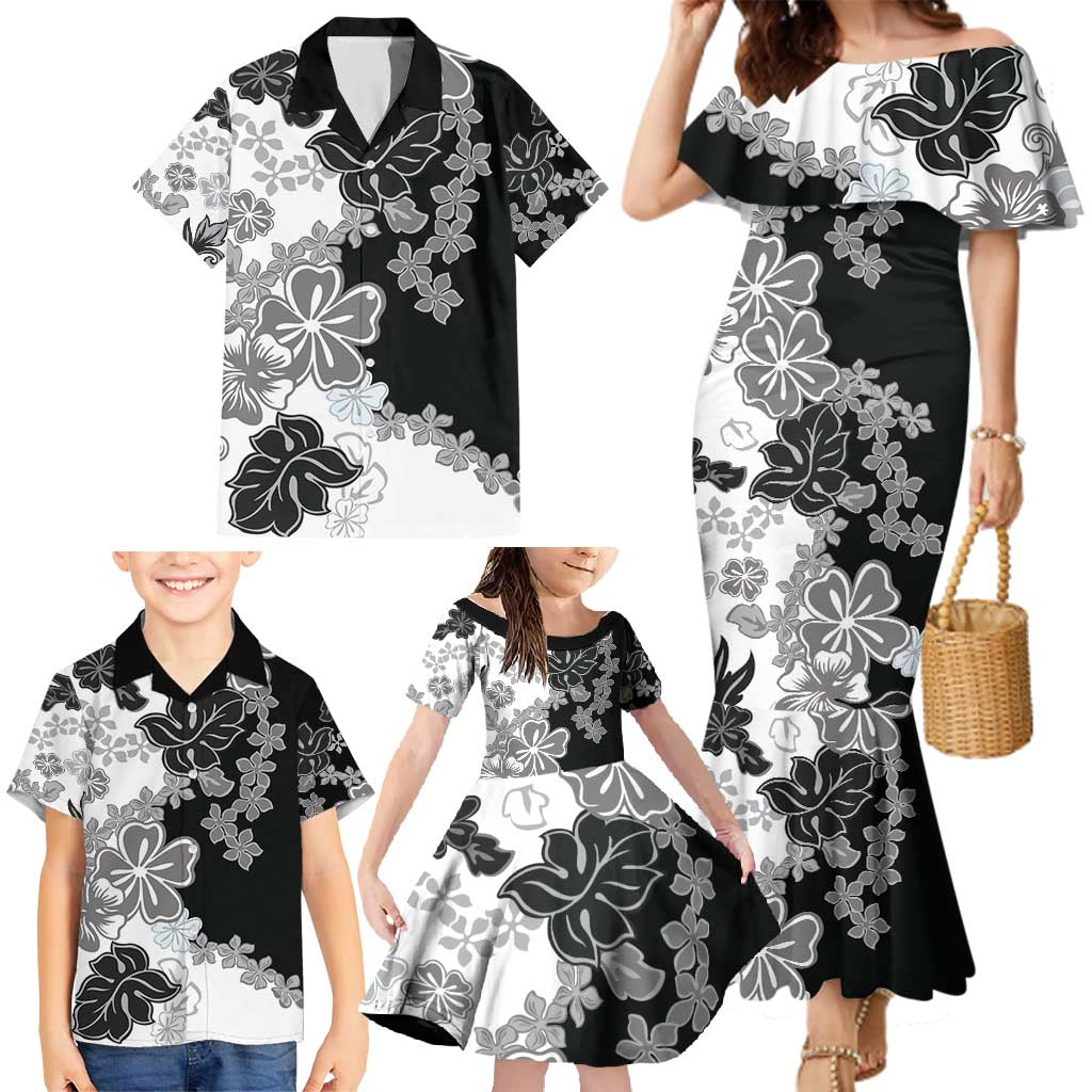 Gray Scale Hibiscus Plumeria Floral Family Matching Mermaid Dress and Hawaiian Shirt - Polynesian Pride