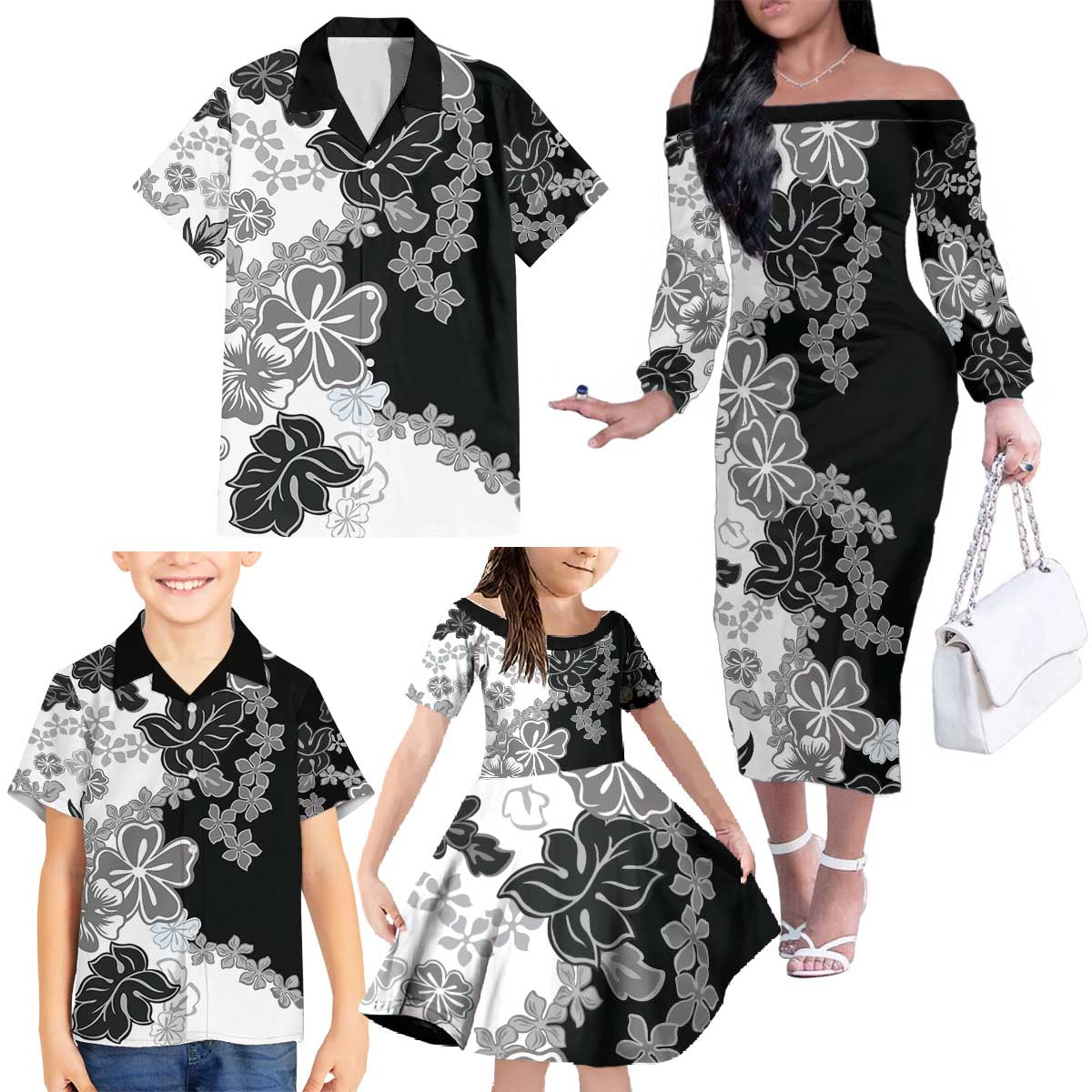 Gray Scale Hibiscus Plumeria Floral Family Matching Off The Shoulder Long Sleeve Dress and Hawaiian Shirt - Polynesian Pride