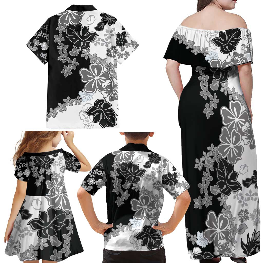 Gray Scale Hibiscus Plumeria Floral Family Matching Off Shoulder Maxi Dress and Hawaiian Shirt - Polynesian Pride