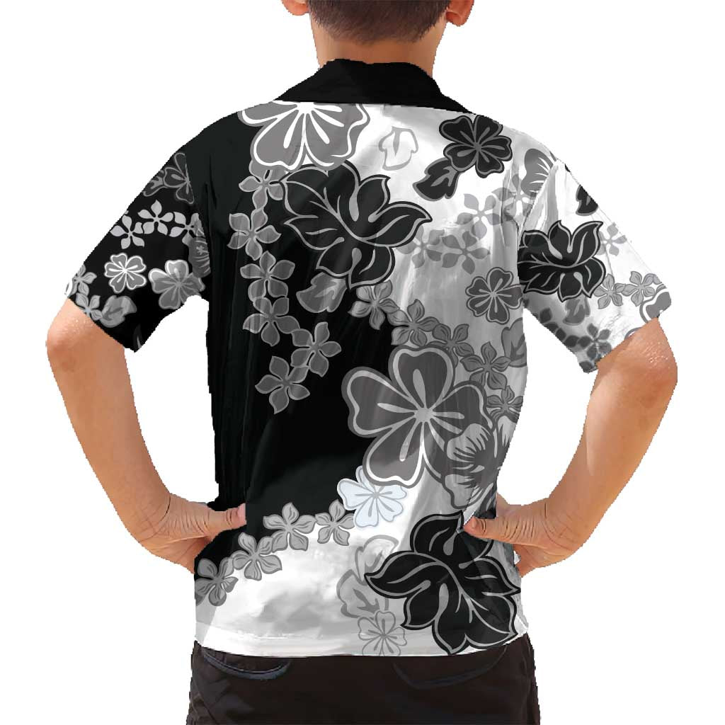 Gray Scale Hibiscus Plumeria Floral Family Matching Off Shoulder Short Dress and Hawaiian Shirt - Polynesian Pride