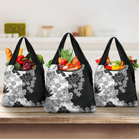 Gray Scale Hibiscus Plumeria Floral Grocery Bag - Polynesian Pride