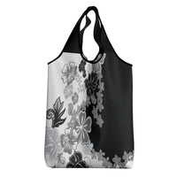 Gray Scale Hibiscus Plumeria Floral Grocery Bag - Polynesian Pride