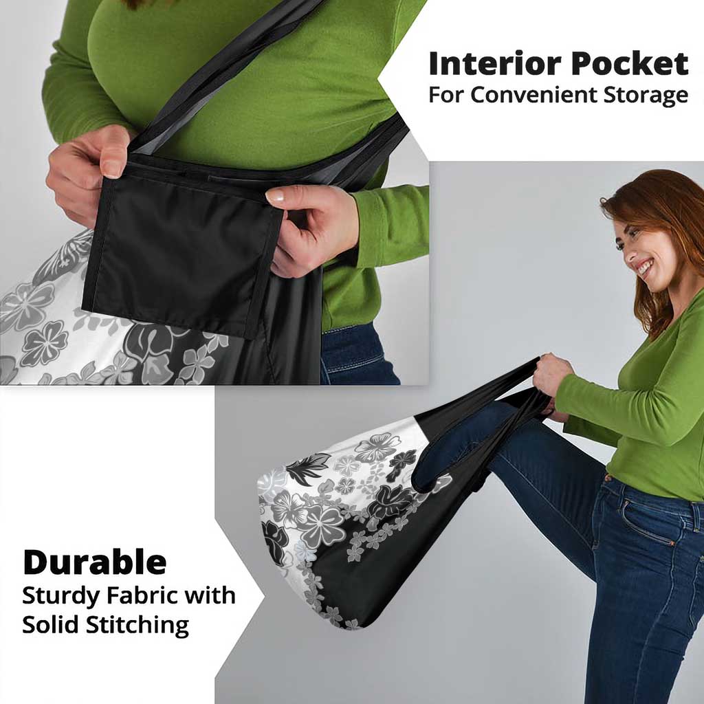 Gray Scale Hibiscus Plumeria Floral Grocery Bag - Polynesian Pride