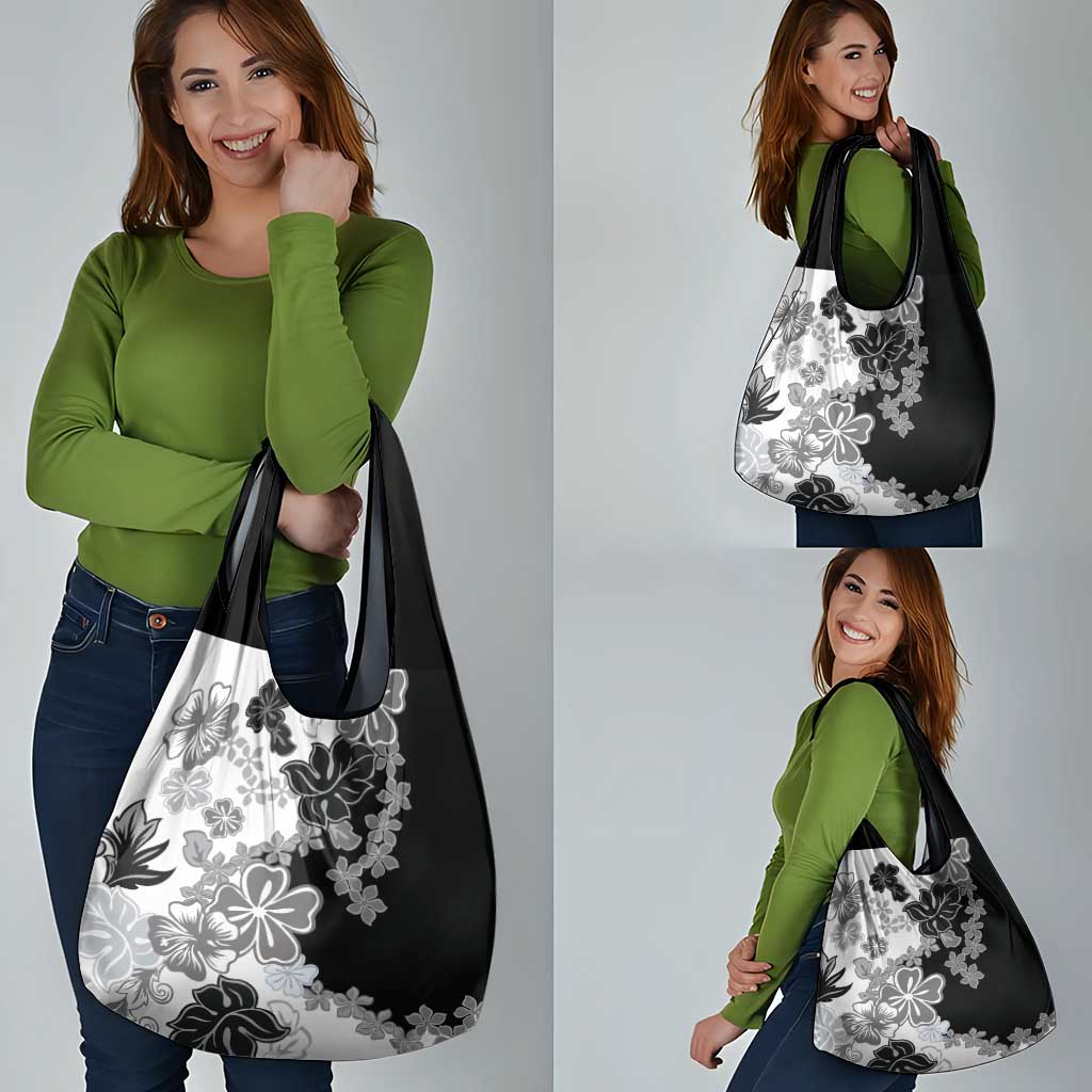 Gray Scale Hibiscus Plumeria Floral Grocery Bag - Polynesian Pride