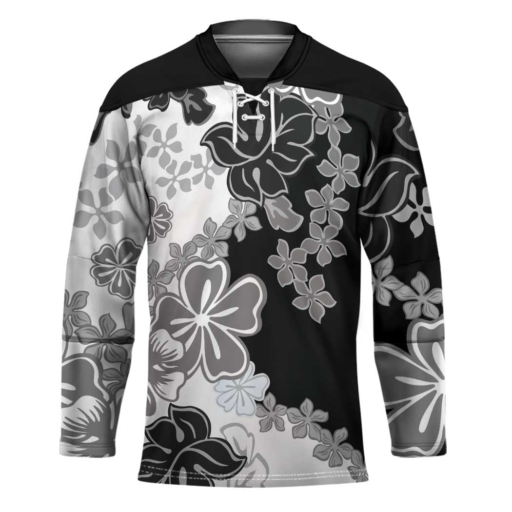 Gray Scale Hibiscus Plumeria Floral Hockey Jersey - Polynesian Pride