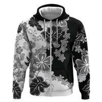 Gray Scale Hibiscus Plumeria Floral Hoodie LT01 Zip Hoodie Black - Polynesian Pride