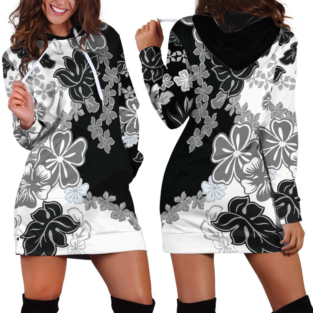 Gray Scale Hibiscus Plumeria Floral Hoodie Dress - Polynesian Pride