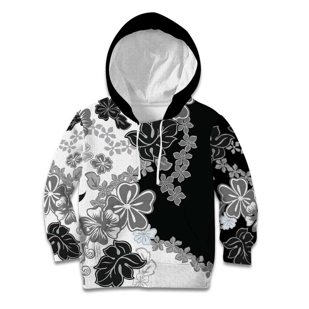 Gray Scale Hibiscus Plumeria Floral Kid Hoodie LT01 Hoodie Black - Polynesian Pride