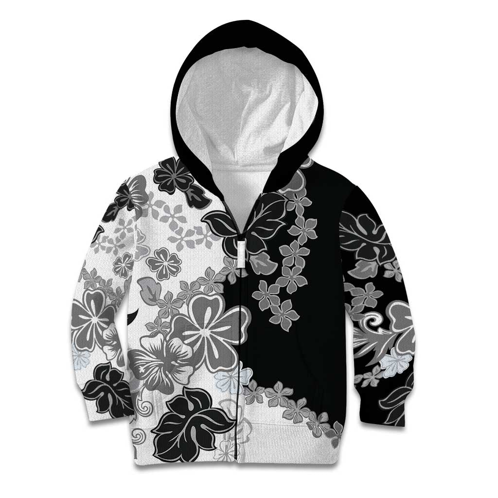Gray Scale Hibiscus Plumeria Floral Kid Hoodie LT01 Zip Hoodie Black - Polynesian Pride