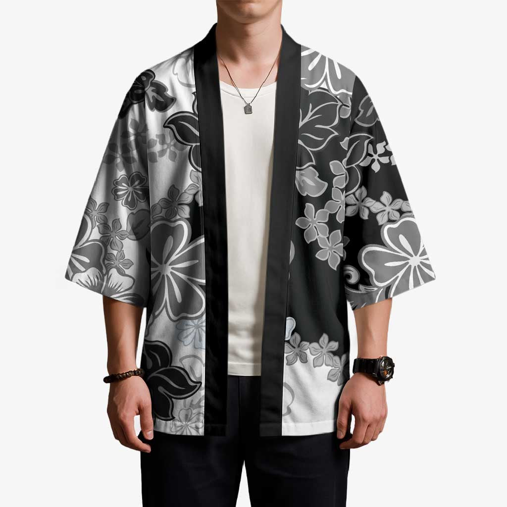 Gray Scale Hibiscus Plumeria Floral Kimono - Polynesian Pride