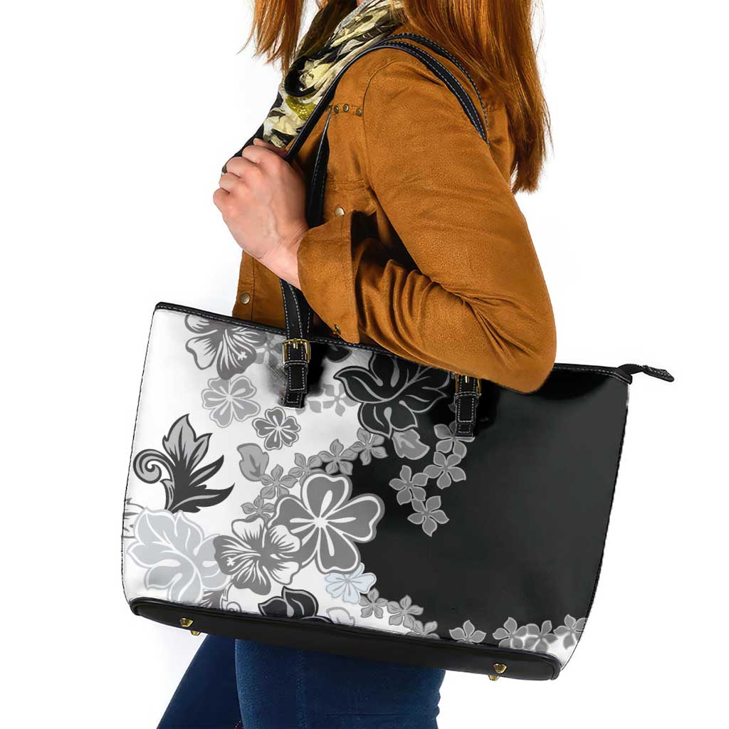 Gray Scale Hibiscus Plumeria Floral Leather Tote Bag - Polynesian Pride