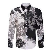 Gray Scale Hibiscus Plumeria Floral Long Sleeve Button Shirt LT01 Unisex Black - Polynesian Pride