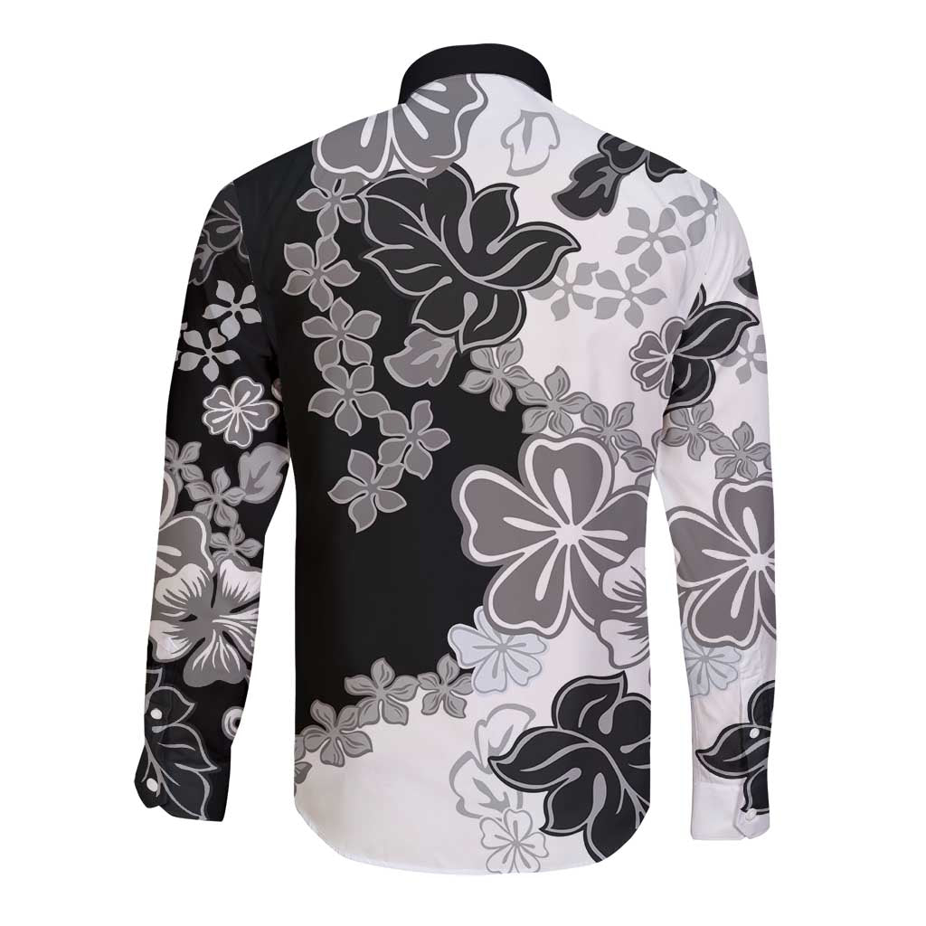 Gray Scale Hibiscus Plumeria Floral Long Sleeve Button Shirt LT01 - Polynesian Pride