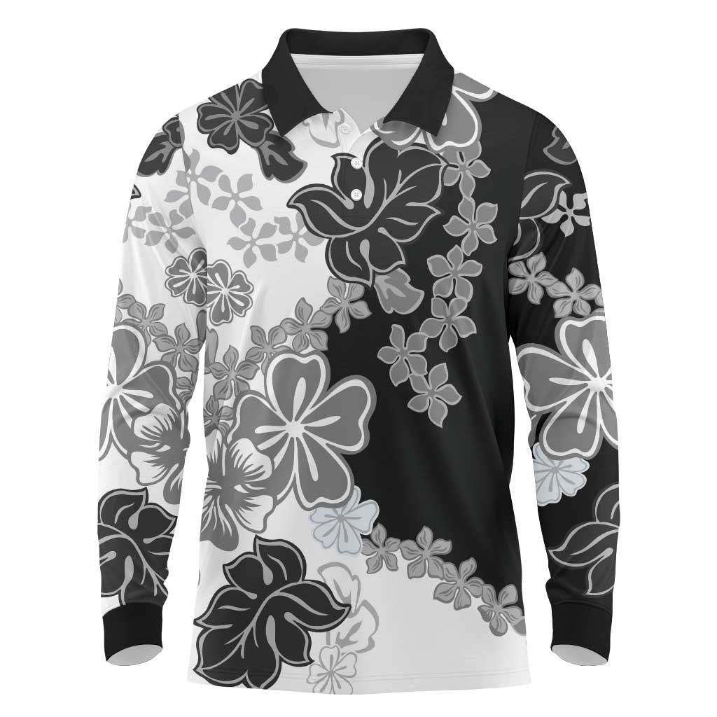 Gray Scale Hibiscus Plumeria Floral Long Sleeve Polo Shirt LT01 Black - Polynesian Pride