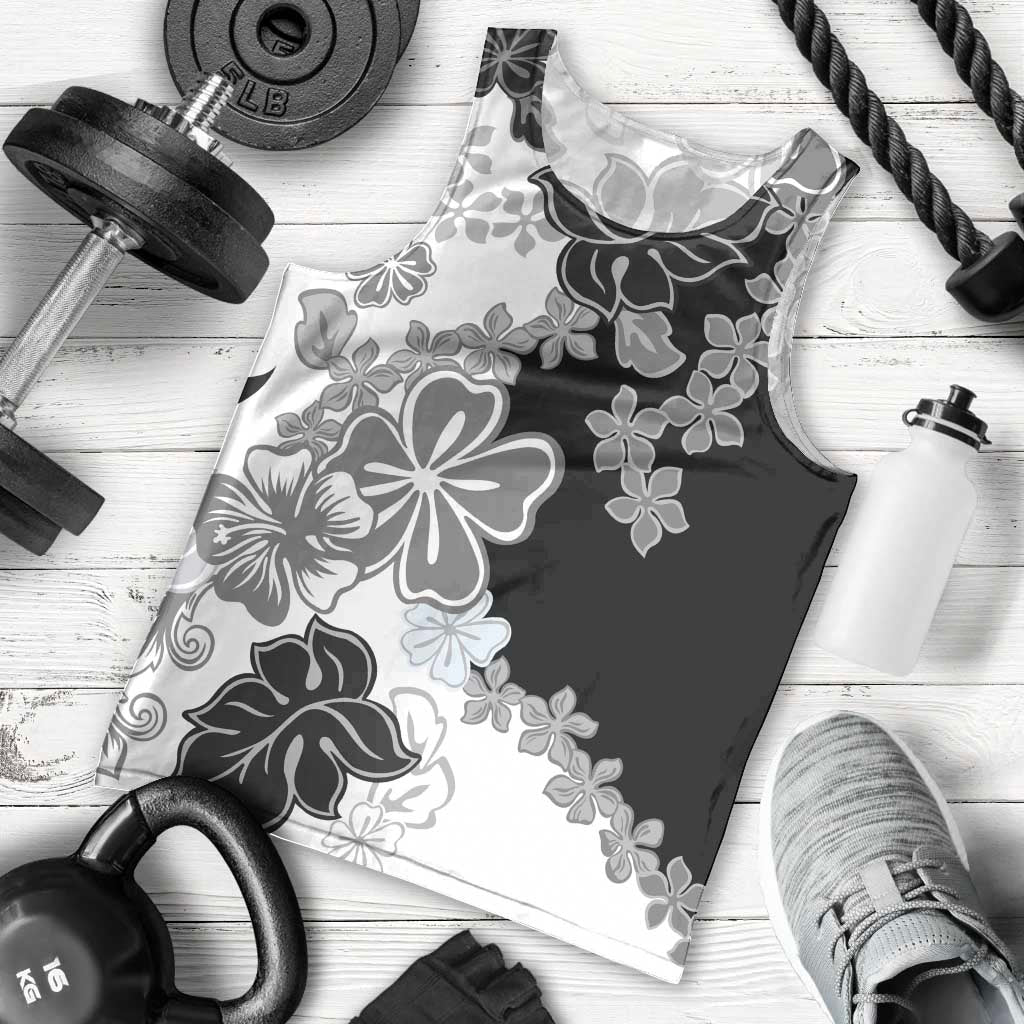 Gray Scale Hibiscus Plumeria Floral Men Tank Top - Polynesian Pride