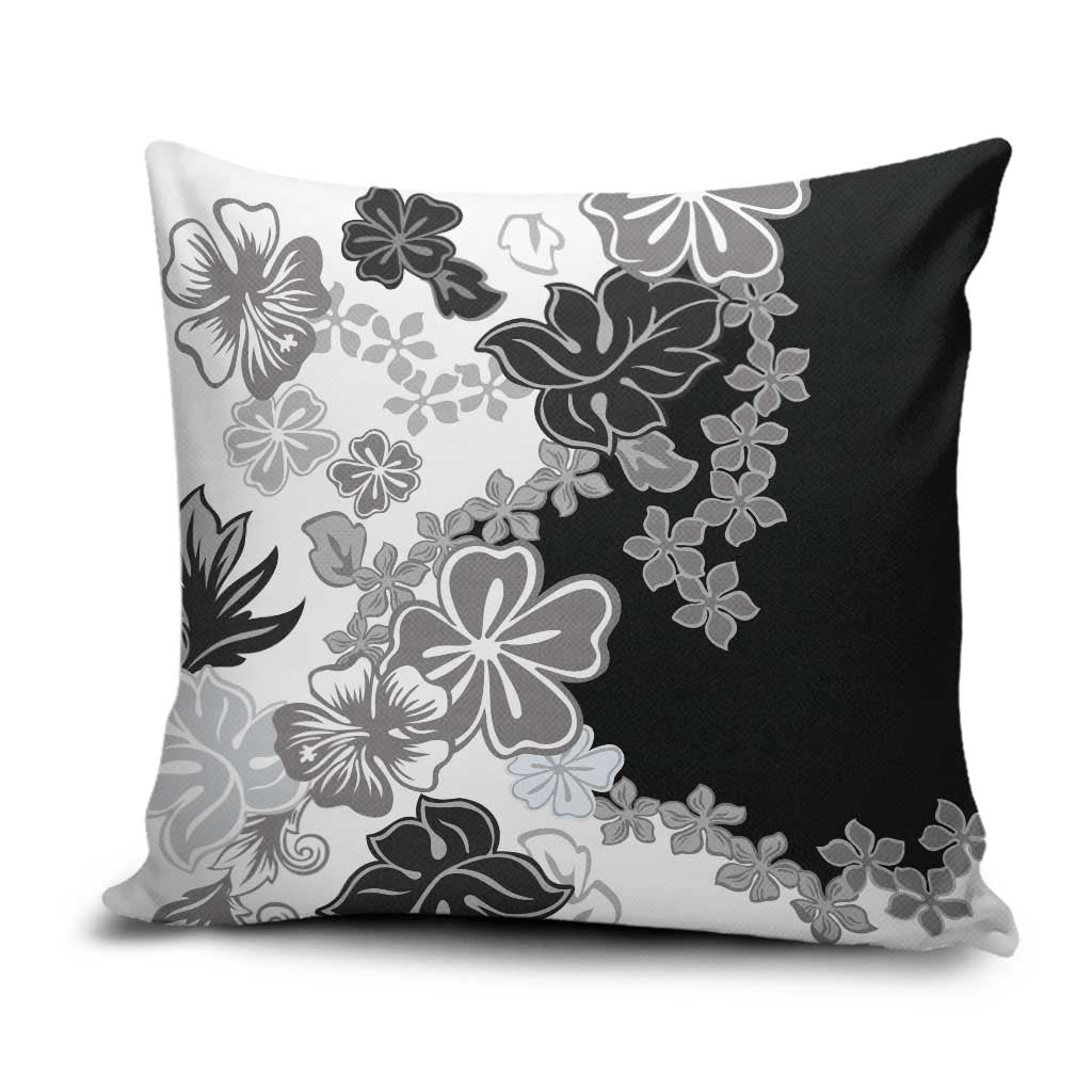 Gray Scale Hibiscus Plumeria Floral Pillow Cover LT01 Black - Polynesian Pride