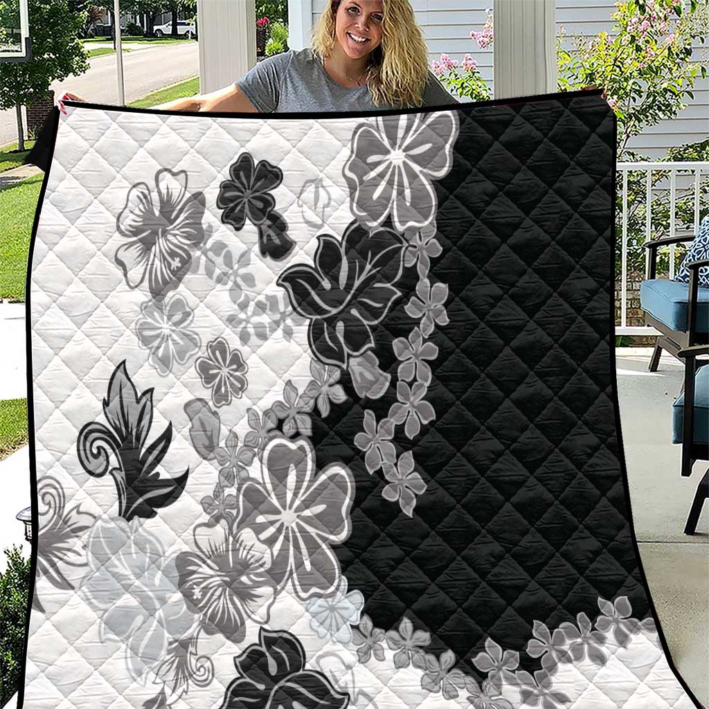 Gray Scale Hibiscus Plumeria Floral Quilt - Polynesian Pride