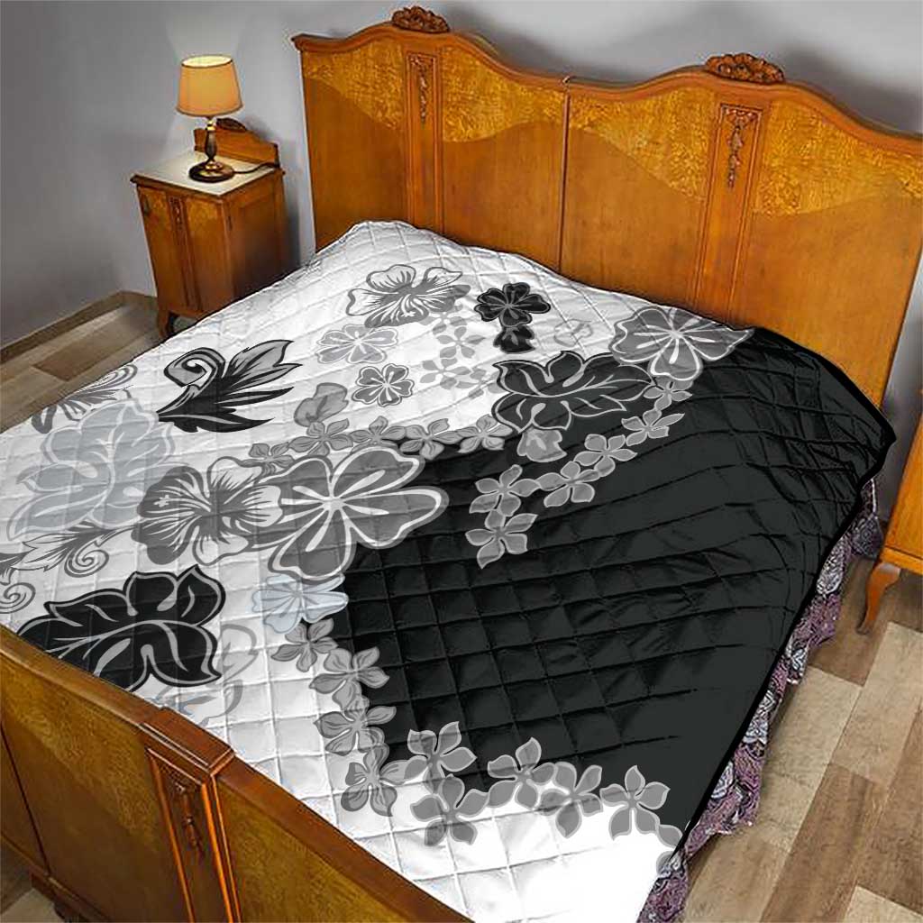 Gray Scale Hibiscus Plumeria Floral Quilt - Polynesian Pride