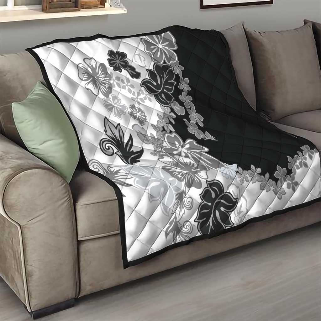 Gray Scale Hibiscus Plumeria Floral Quilt - Polynesian Pride