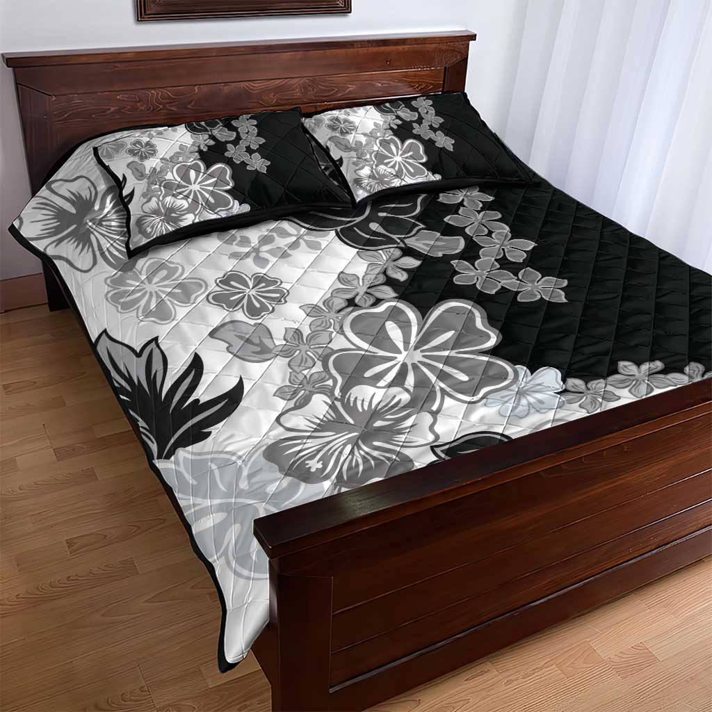 Gray Scale Hibiscus Plumeria Floral Quilt Bed Set - Polynesian Pride