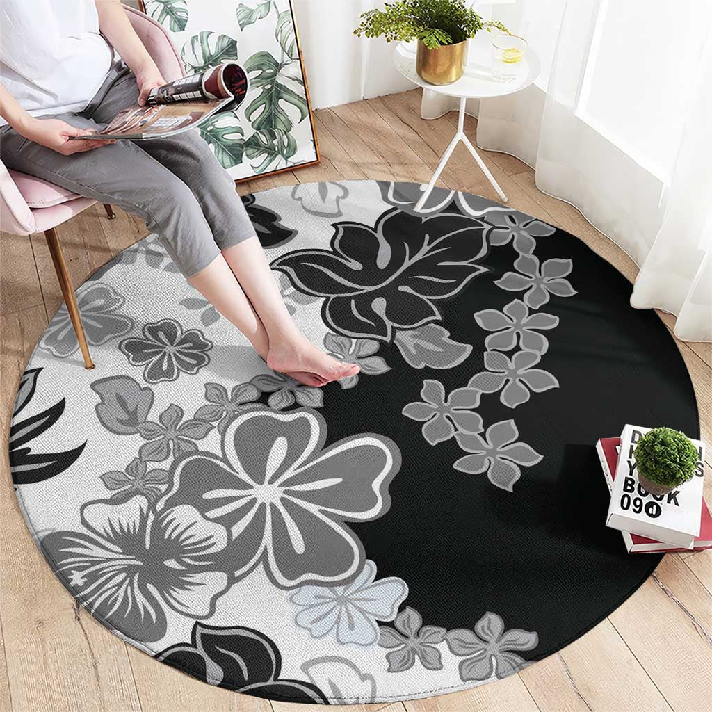 Gray Scale Hibiscus Plumeria Floral Round Carpet - Polynesian Pride